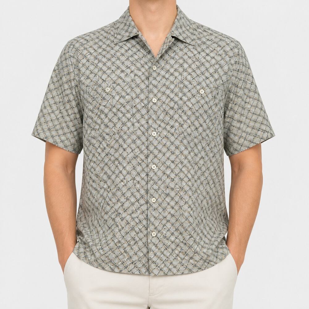 Burma Bibas Shirt Mens Medium Silk Short Sleeve Geometric Pattern Pocket Camp
